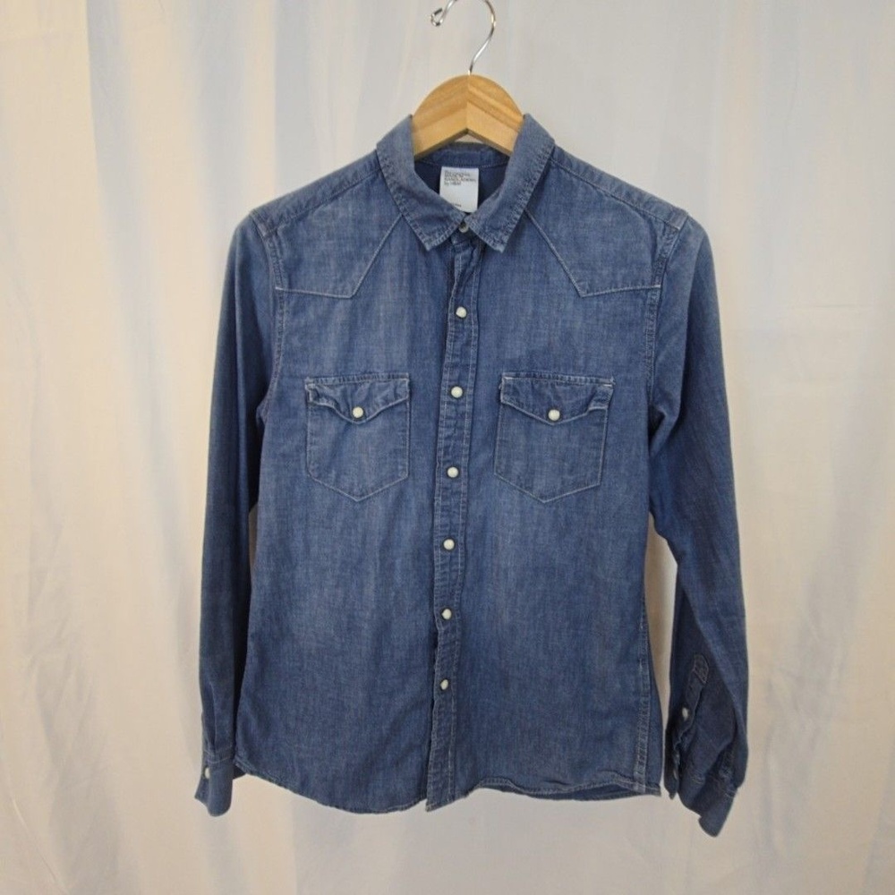 H&M Shirt Mens Small Blue Denim Snap Button Western Long Sleeve Casual